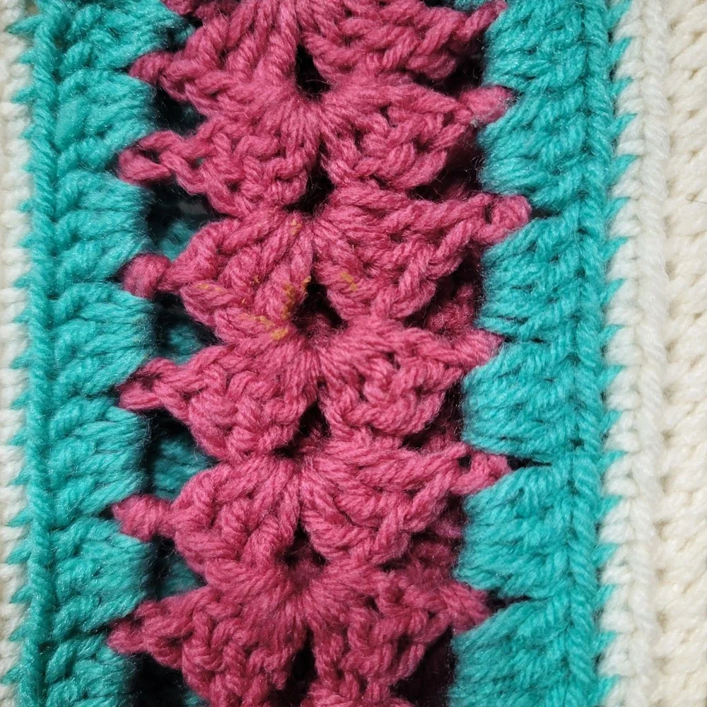 Handmade Crochet Blanket Scalloped Stripe Floral Pattern Pink Teal Cream 60x60